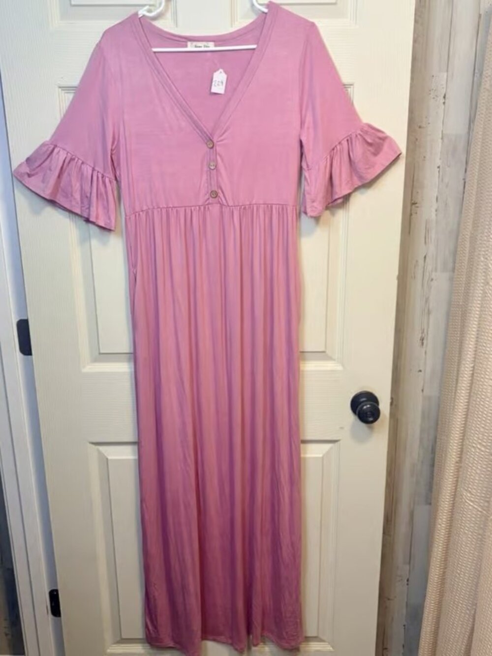 Bacon River Pink Maxi Dress Womens L Boho Empire Waist Button Front